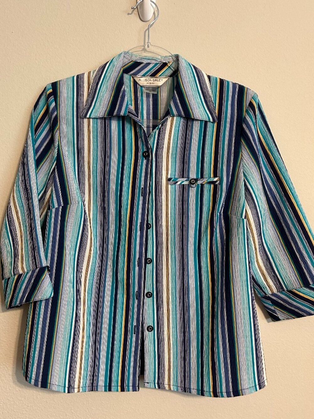 Vintage Allison Daley Petite Striped Button Front Shirt Multicolor 3/4 Sleeve